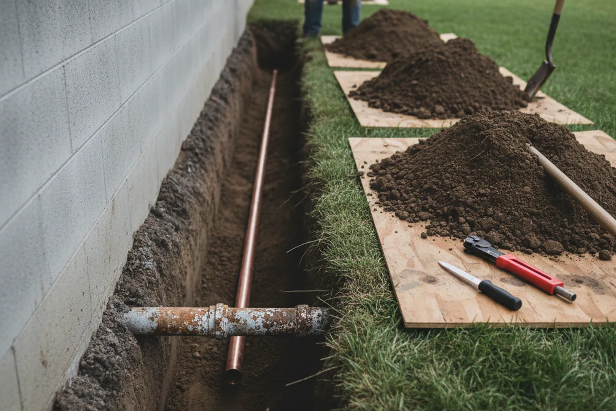 Excavated water line trench during Water Heater Repair in West Sayville
